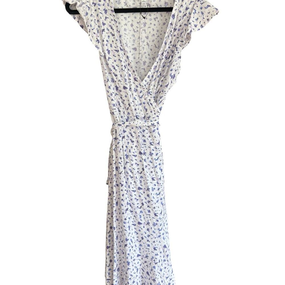 Blue Floral Wrap Midi Dress Ruffle Sleeve Cottagecore Coastal Brunch - Picture 6 of 9
